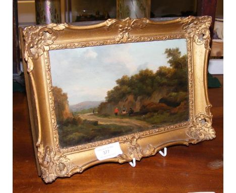 Attributed to R. THOMAS - an early oil on panel of country road scene with label to reverse - 13cm x 21cm