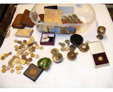 A container of various collectables including coins, military compass, half hunter pocket watch etc.