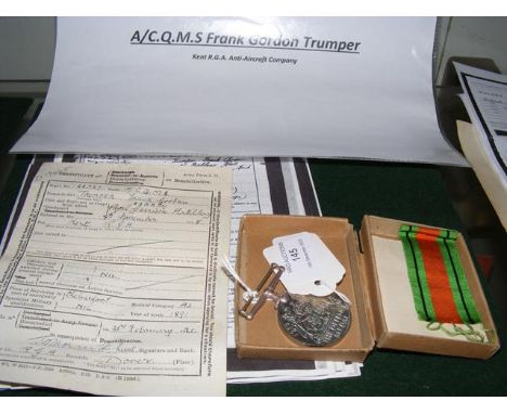 Military history photocopied paperwork for A/C.Q.M.S Frank Gordon Trumper, Kent R.G.A Anti-Aircraft Company, his First World 