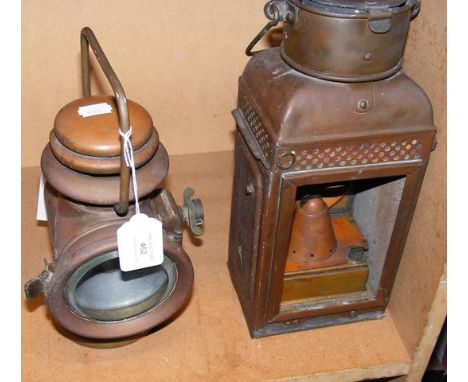 Two antique copper lamps - Howes & Burley side lamp No.1007, and a ship's watch lantern by Eli Griffiths?