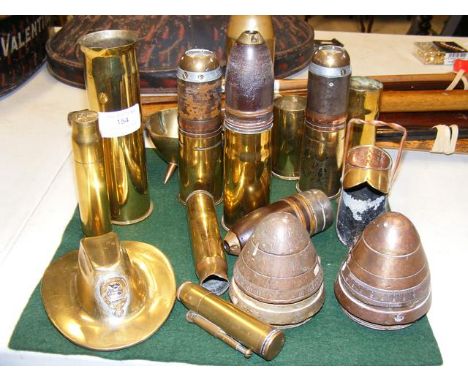 Collection of Trench Art, including First World War souvenir of Agnes, several shell vases, hat, etc. CONDITION REPORT.