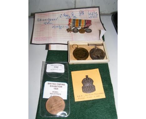 First World War four medal miniature group, First World War medals to Pvt. John Edmondson, No.62562, Liverpool Regiment, etc.