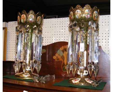 A pair of Victorian bohemian glass lustres - 38cms high CONDITION REPORT In our judgement, condition of lot is mixed. One lus