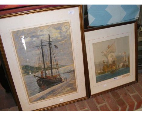 NORMAN WILKINSON - lithograph of galleon and other boats, together with one other marine picture 