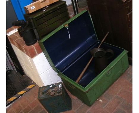 A metal trunk together with vintage petrol can, blowtorch, tool box etc.