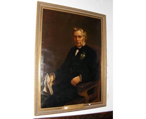 A 19th century oil on canvas portrait of 'Alderman Hudspith' - with plaque recognizing his services to the Liberal cause - si