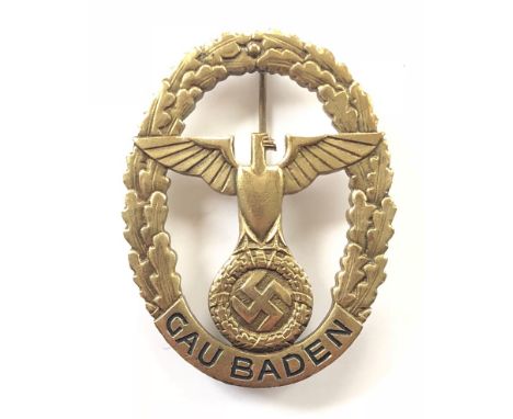 German Third Reich NSDAP Gau Baden Honour Badge by Friedrich Klett, Karlsruhe.  A good scarce late late war die-cast gold col