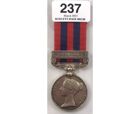 Surgeon’s India General Service Medal clasp “Burma 1885-7”  Awarded to Surgeon J. Riordan Medical Staff  Edge knocks, suspens