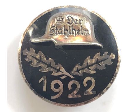 German 1922 Der Stahlhelm membership badge by Der Stahlhof Magdeburg.  Good silver edged black enamel disc bearing silvered s