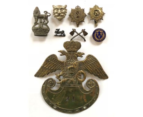 8 various badges and a Boer War Ladysmith Pass. Royal Dragoons NCO arm badge ... Shropshire Yeomanry NCO cast arm badge ... 2