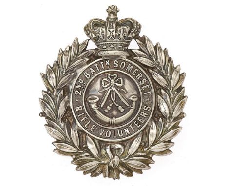 2nd Bn. Somerset Rifle Volunteers Victorian Officer pouch belt plate.  Good scarce die-stamped silvered crowned circlet 2ND B