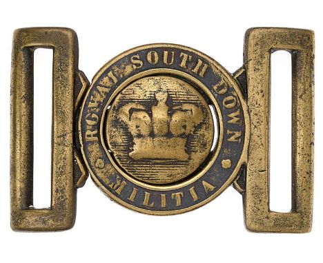 Irish Royal South Down Militia Victorian waist belt clasp circa 1856-81.   Relic heavy brass interlocking example with matchi
