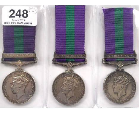 3 x Indian Army General Service Medals, clasp S.E. ASIA 1945-46.  Awarded to 18066 NK RAI SINGH 9BN FFR ... 13490 HAV. SANTA 