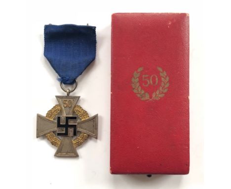 German Third Reich 50 year Faithful Service Decoration in case of issue.  A good scarce example. Silver cross with black enam