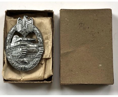 German Third Reich boxed WW2 Army / Waffen SS Tank/Panzer Assault Badge by Hermann Aurich. Fine die-cast silvered zinc exampl