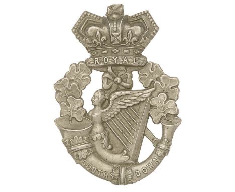 Irish Royal South Down Militia glengarry badge circa 1874-81.  Good rare die-stamped white metal crowned ROYAL tablet on stru