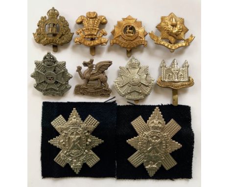 10 British Army Cap Badges including WW1 and WW2 Economy Issue.  4 x WW1 all brass Suffolk, Welsh, Bedfordshire, Cheshire (al