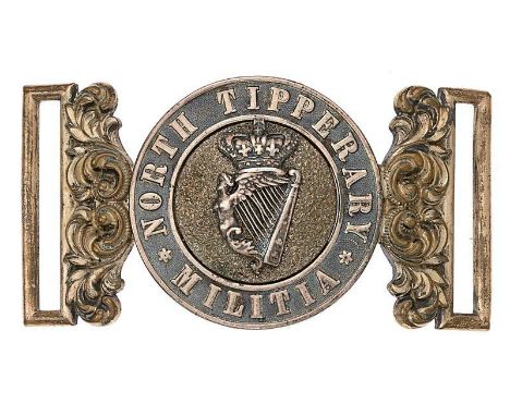 Irish North Tipperary Militia Victorian Officer waist belt clasp circa 1856-81.   Good rare silver-plated interlocking exampl