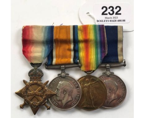 Royal Navy WW1 Boy Bugler Long Service Group of Four Medals.  Awarded to J.27314 Harry Arthur Stride. Comprising: 1914/15 Sta