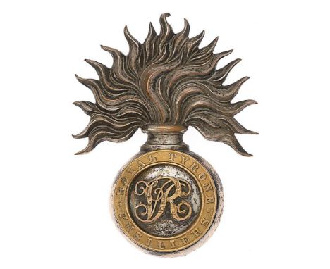 Irish Royal Tyrone Fusiliers Militia Victorian Officer shako grenade.  Fine rare die-stamped silvered three and a quarter inc