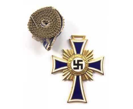 German Third Reich. 1st class Cross of Honour of the German Mother.  A fine gilt example for 8 or more children, with blue an