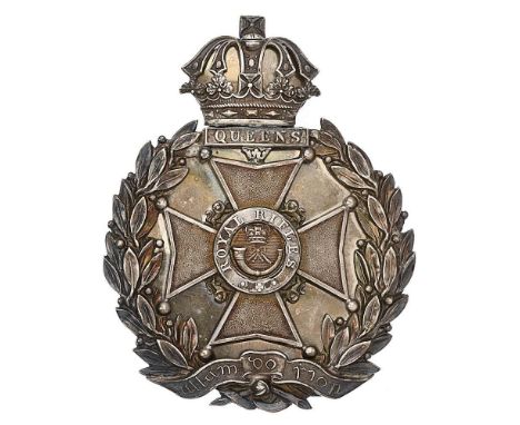 Irish Queens Militia Victorian Officer pre 1881 pouch belt plate.  Fine rare die-stamped silvered Guelphic crowned QUEENS tab