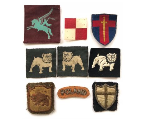 (9) 6 cloth formation signs and set of 3 Polish cloth badges.  Airborne Pegasus (printed) ... Southern Command Weapon Trainin