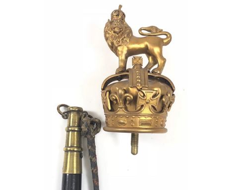 British Army Regimental Colour Flag Pole and Royal Crest Finial circa 1901-52. A good and rare example, the turned wood shaft