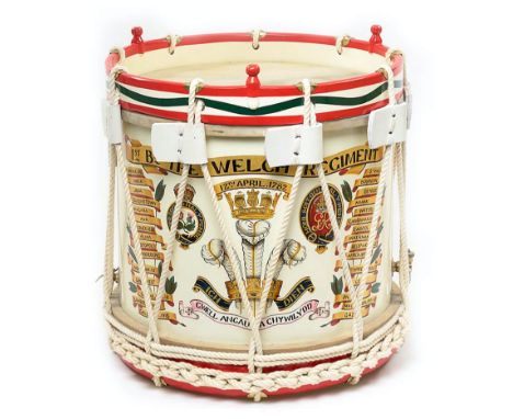 1st Bn Welsh Regiment display side drum.  A most attractive, professionally refurbished rope tension example. The brass body 