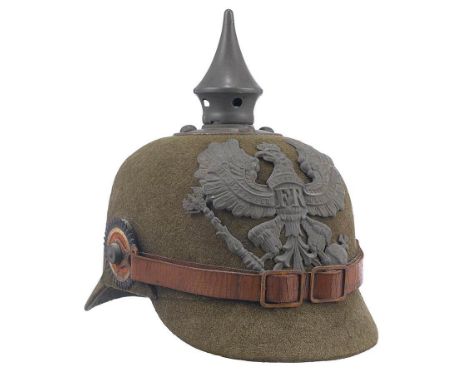 Imperial German WW1 Prussian Ersatz felt Pickelhaube.  A good example of the Ersatz issue felt helmet with grey metal spike, 