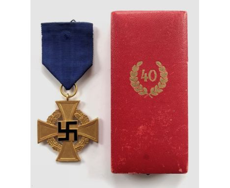 German Third Reich cased Faithful Service Decoration 1st Class for 40 years.  A fine gilt example with black enamel swastika 