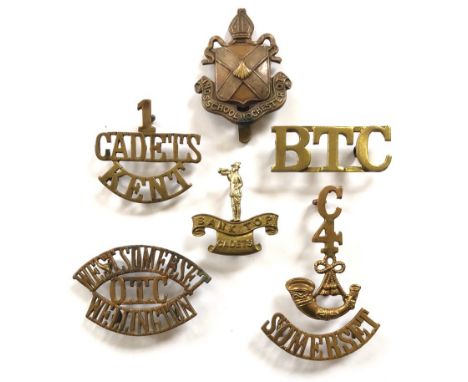 6 items of Cadet insignia.  Kings School Rochester OTC cap badge ... 1/CADETS/KENT title ... Bank Top Cadets cap badge ... BT