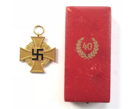 German Third Reich cased Faithful Service Decoration 1st Class for 40 years.  Good gilt example with black enamel swastika ho