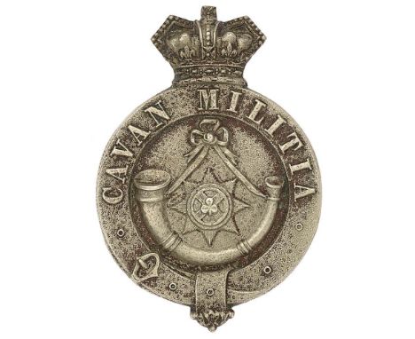 Irish Cavan Militia Victorian glengarry badge circa 1874-81.  Good rare die-stamped white-metal crowned title strap bearing s