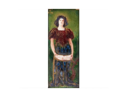 AN ARTS AND CRAFTS ENAMEL PLAQUE
Circa 1900
Depicting a standing female figure holding a book, signed with initials ST lower 