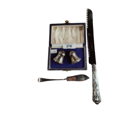 2 SILVER CONDIMENTS, SILVER FISH KNIFE &amp; SILVER HANDLED BREAD KNIFE