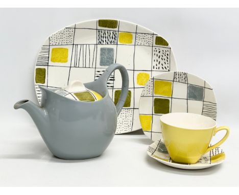 Terence Conran. A 5 piece Mid Century “Chequers” dinner/tea service by Terence Conran for Mid Winter. Platter, teapot, sandwi