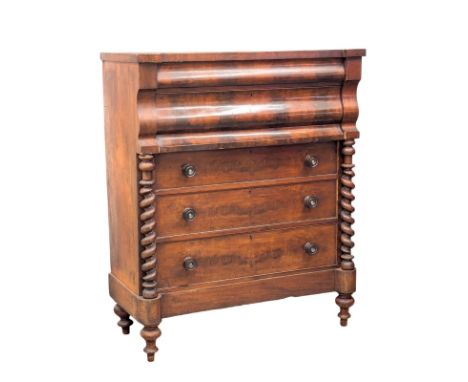 A large Victorian mahogany chest of drawers with Ogee front and Barley Twist columns. Scotch style. With hidden drawer. 122x5