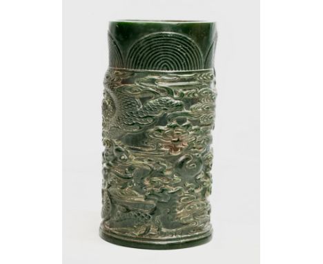 A large good quality Chinese Late Qing Dynasty jade brush pot. Qianlong mark. 13x25cm.