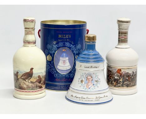 3 bottles of unopened whisky. The Famous Grouse Finest Scotch Whisky Highland Decanter, Gilded with 24 carat gold, Wade, 70cl