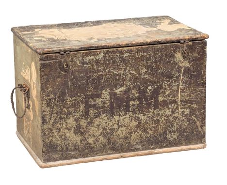 A 19th Century pine trunk with original finish and traveling labels. Captain T. M. Morton. 82.5x53x55cm(8)