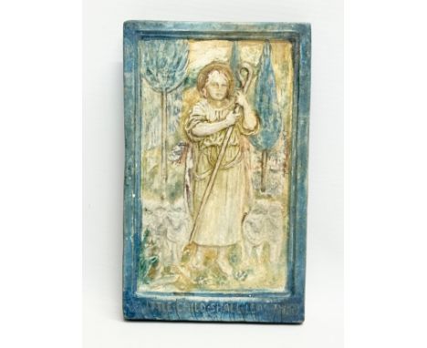 Compton Pottery. An Early 20th Century wall plaque by Compton Pottery. A Little Child Shall Lead Them. 11x18cm