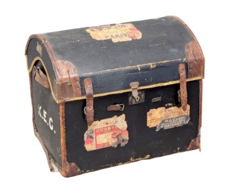 A Late 19th Century dome topped trunk with original shipping labels and interior. Cunard Line, Railway to Waterloo, Geo. W. W
