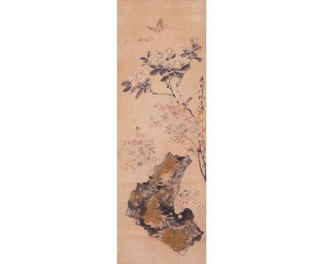 GAO SHI KUI (20TH CENTURY) PEONIES A Chinese scroll painting, ink and colour on paper, inscribed and signed with three artist