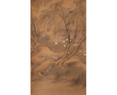 WANG WU (19TH CENTURY) CRANES AND WILLOW TREES A Chinese scroll painting, ink and colour on silk, title-slip reads Wang Qin Z