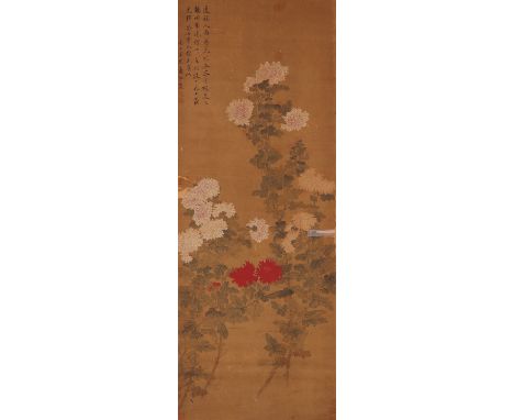 AFTER YUN SHOU PING (QING DYNASTY) PEONIES A Chinese scroll painting, ink and colour on silk, inscribed, dated the gui chou y
