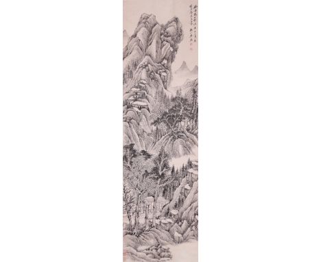 ATTRIBUTED TO WU LI(QING DYNASTY) LANDSCAPE A Chinese scroll painting, ink on paper, inscribed, dated the xin hai year and si