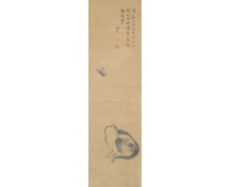 AFTER BA DA SHAN REN (QING DYNASTY) CAT AND BUTTERFLY A Chinese scroll painting, ink on paper, inscribed and signed Ba Da Sha