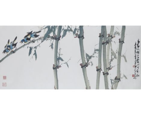 ZHAO SHAO ANG (1905-1998) MAGPIES AND BAMBOO A Chinese painting, ink and colour on paper, inscribed and signed by Zhao Shao A