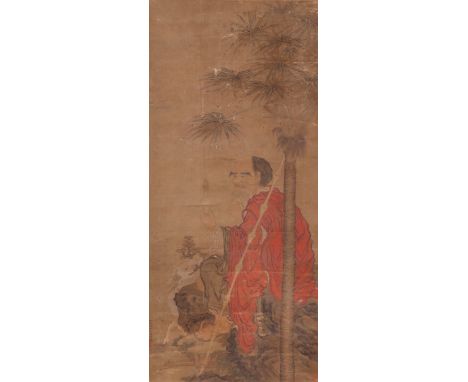 LUO PIN (19TH CENTURY) A LUOHAN A Chinese scroll painting, ink and colour on paper, signed wo long mian ju shi Luo Pin hui, w